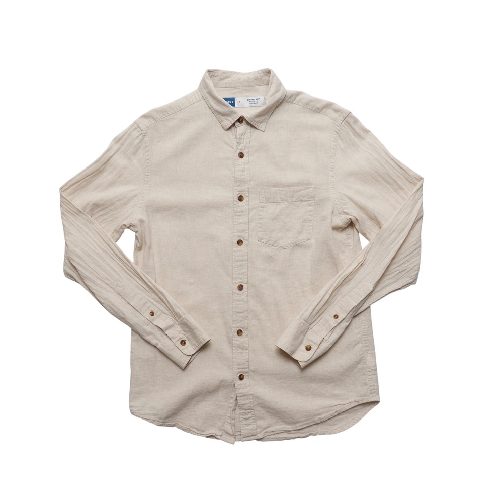 Old Navy Linen Blend Shirt Womens Small Beige Button Up Long Sleeve Pocket